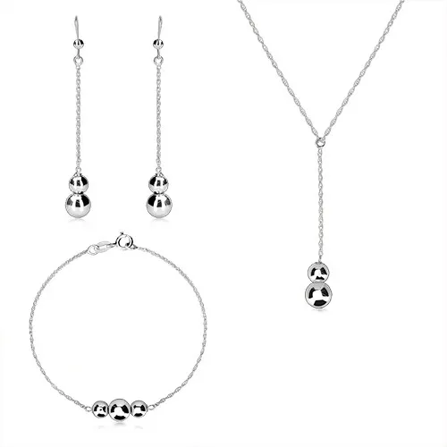 Strieborný 925 trojset - špirálovitá retiazka, hladké zrkadlovolesklé guličky