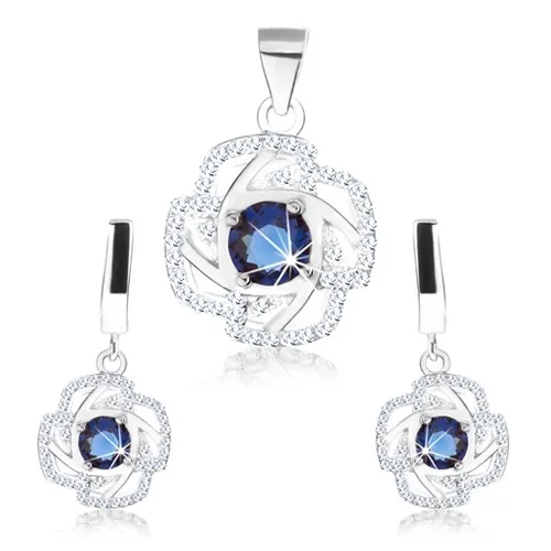 Set - náušnice a prívesok, striebro 925, obrys kvetu, modrý okrúhly zirkón
