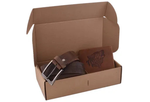 Poľovnícky darčekový set vlk - pánska peňaženka 2911908 a pánsky opasok tmavý hladký 747