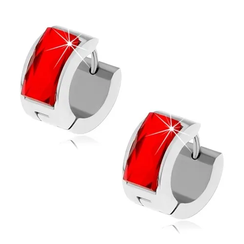 Oceľové náušnice striebornej farby, rubínovo červený brúsený kamienok