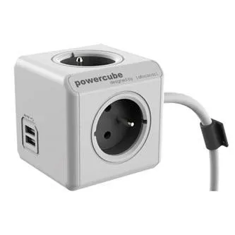 Síťový kabel 230V predlžovací, CEE7 (vidlica) - POWERCUBE, 3m, EXTENDED USB, sivý, POWERCUBE, 4 zásuvky, detské poistky