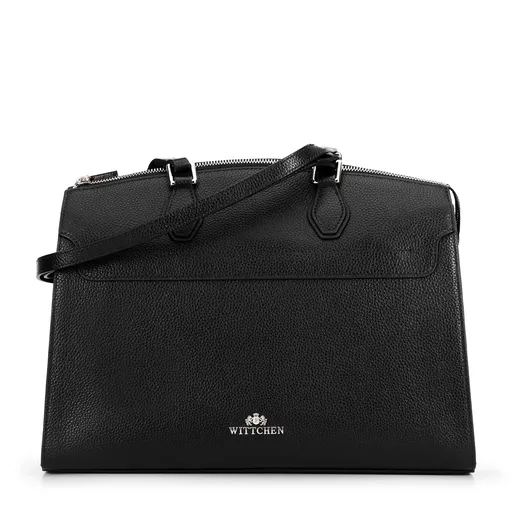 Dámska trapezová kožená kabelka čierna so strieborným logom