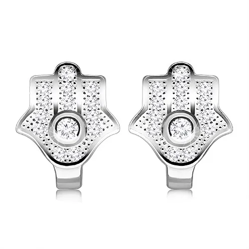 Strieborné 925 náušnice - symbol Fatimininej ruky, okrúhly zirkónik v objímke, ródiovaný povrch