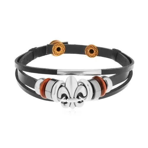 Náramok z čiernych kožených pásov s korálkami z kovu a dreva, Fleur de Lis