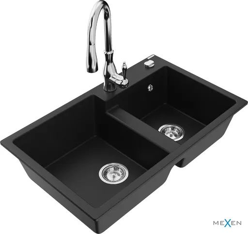 MEXEN/S MEXEN/S - Tomas granitový drez 2-bowl vrátane batérie Savita, čierna 6516-77-672601-00