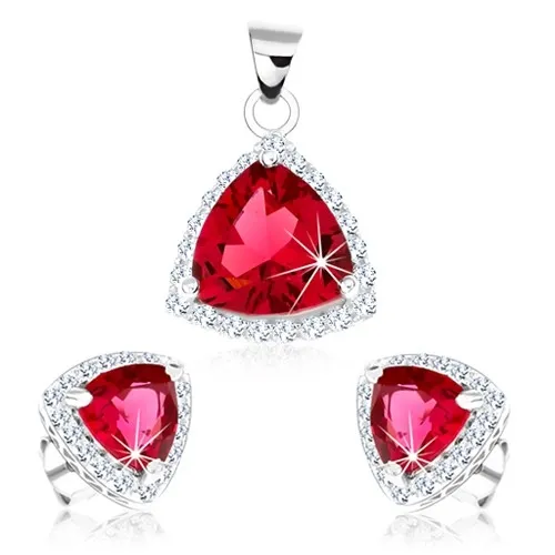 Strieborný set 925, prívesok a náušnice, červený zirkónový trojuholník, číry okraj