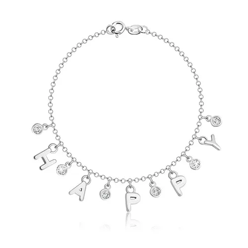 Náramok zo striebra 925 - písmenka vytvárajúce nápis "HAPPY", okrúhle číre zirkóny