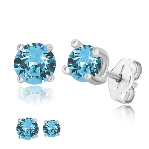 Puzetové náušnice - okrúhly zirkón belasej farby, štvorcový kotlík, striebro 925 - Veľkosť zirkónu: 4 mm