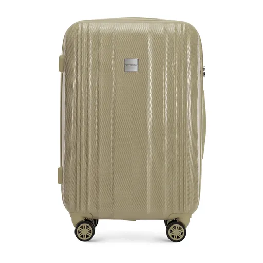 Stredne veľký kufor z polykarbonátu s reliéfnym vzorom včelieho plástu, sivo-béžový 56-3P-302-86