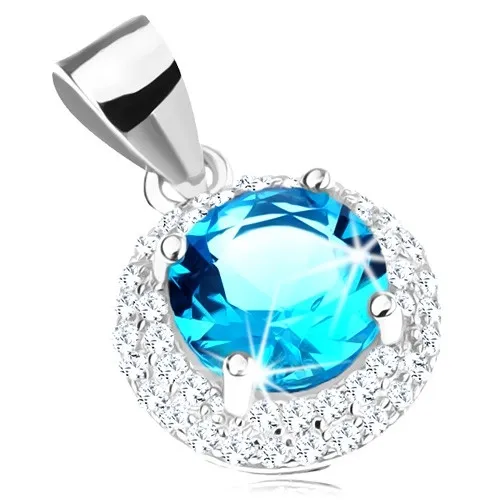 Prívesok zo striebra 925, okrúhly zirkón akvamarínovej farby, číry lem