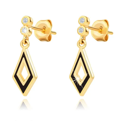 Zlaté náušnice 9K kosoštvorec so zirkónmi a čiernou glazúrou