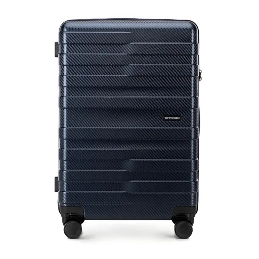 Stredný polykarbonátový kufor s horizontálnymi pruhmi, námornícka modrá 56-3P-582-90