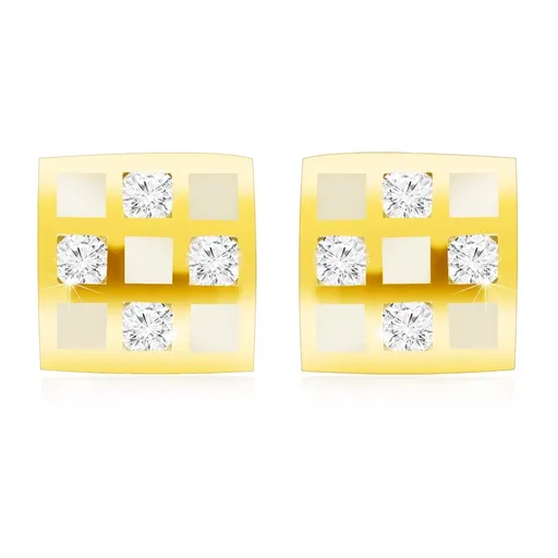 Náušnice zo žltého 9K zlata so šachovnicou, bielou glazúrou a zirkónmi