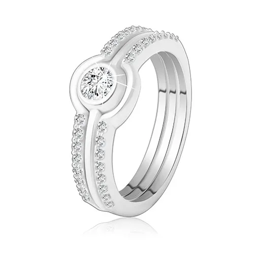 Trojdielna sada z 925 striebra prsteňov a obrúčky - malé lesklé zirkóniky, číry zirkón v objímke - Veľkosť: 49 mm