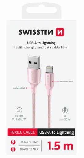 SWISSTEN DÁTOVÝ KÁBEL TEXTILE II USB / LIGHTNING 1,5 M RUŽOVÝ