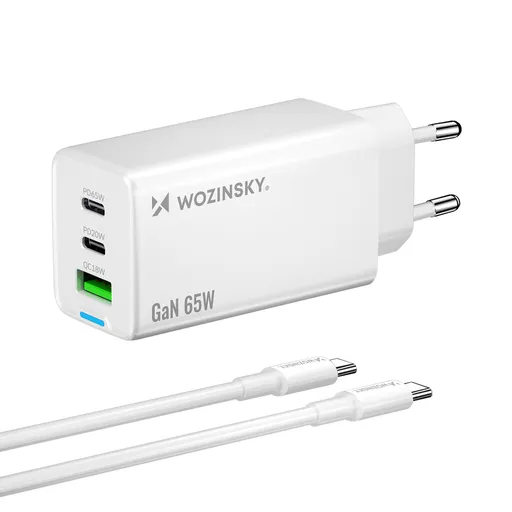 WOZINSKY GaN 65W Sieťová nabíjačka s káblom USB-C biela