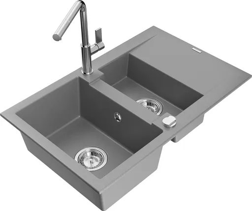 MEXEN/S MEXEN/S - Gaspar granitový drez 1.5 s odkvapkávačom vrátane batérie Flora, šedá 6507-71-670401-00