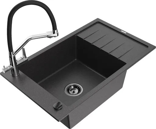 MEXEN/S MEXEN/S - Elias granitový drez s odkvapkávačom vrátane batérie Duo, čierna kropenatá 6511-76-671701-07-B