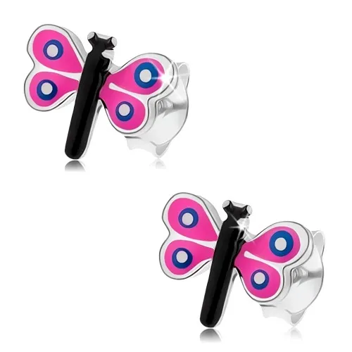 Puzetové náušnice zo striebra 925, farebný malý motýľ, ružové krídla