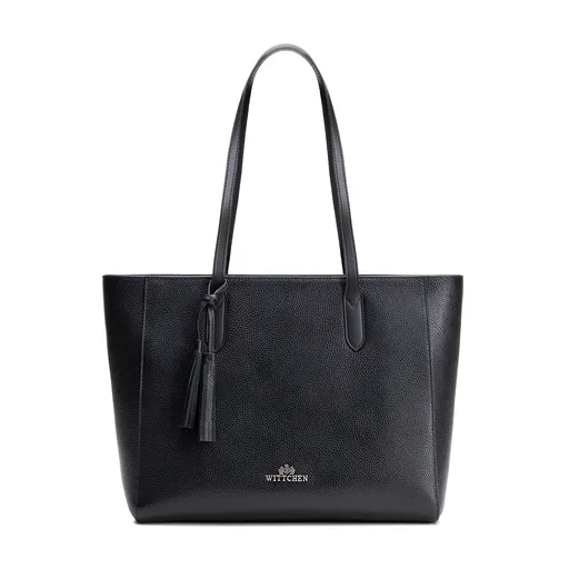 Shopperka z kože s ozdobným strapcom čierno-strieborná 100-4E-610-1S