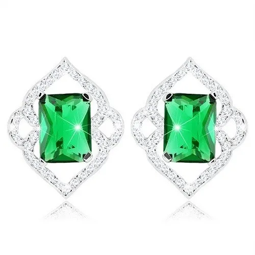 Náušnice zo striebra 925 - zelený zirkónový obdĺžnik, číre kontúry listov, puzetky