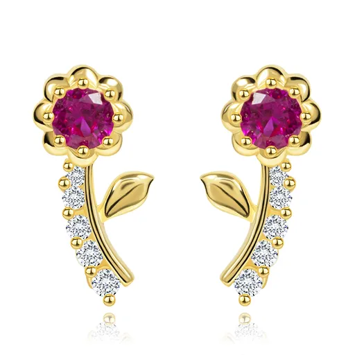 Zlaté náušnice 14K kvet so syntetickým rubínom a zirkónmi
