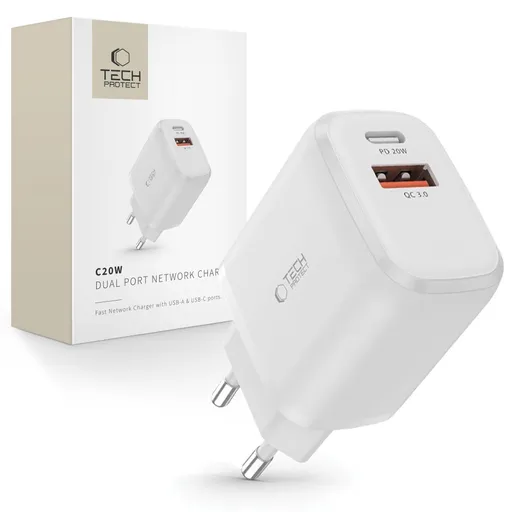 TECH-PROTECT C20W Sieťová nabíjačka USB Typ-C / USB-A biela
