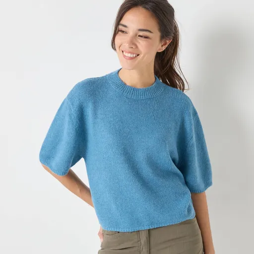 Voľný pulóver s rukávmi po lakte zo zmesi vlny a mohéru