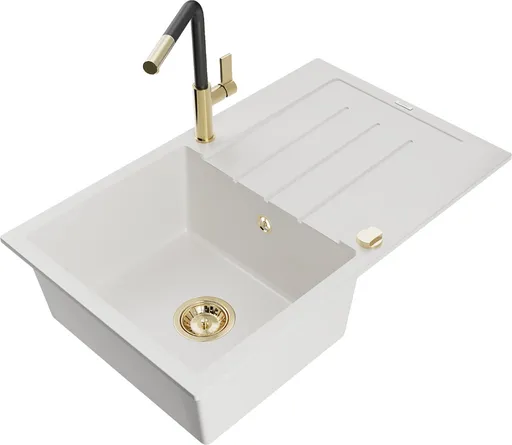 MEXEN/S MEXEN/S - Bruno granitový drez 1 s odkvapkávačom vrátane batérie Flora, biela 6513-20-670401-57-G