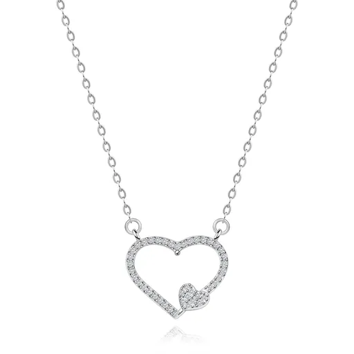 Ródiovaný náhrdelník, striebro 925, zirkónová kontúra srdca a malé srdiečko