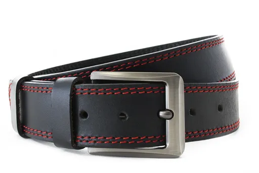 Červenočierny kožený pánsky opasok s dvojitým šitím 913-5003-2-60/31-9013-40