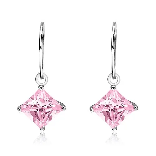 Náušnice zo striebra 925 - ružový kosoštvorcový zirkón v kotlíku, 7 mm