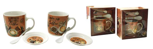 MAKRO - Hrnček, lyžička a podšálka, keramický Coffee rôzne dekory