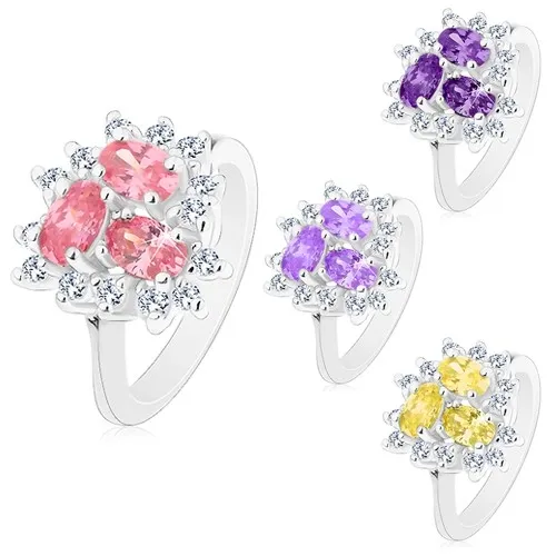 Prsteň striebornej farby, tri brúsené oválne zirkóny, číra obruba - Veľkosť: 54 mm, Farba: Svetložltá