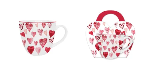 DUO - Hrnček 460ml HEARTS 1, biely a červené srdcia, porcelán