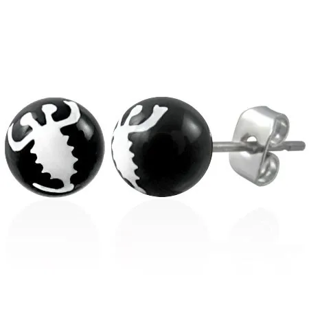 Čierne náušnice z ocele - biely škorpión