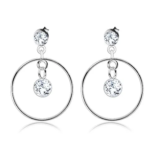 Strieborné 925 náušnice, číry krištálik Swarovski visiaci v tenkej obruči