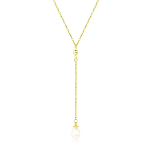 Strieborný 925 náhrdelník zlatej farby - biela perla na retiazke, mašlička