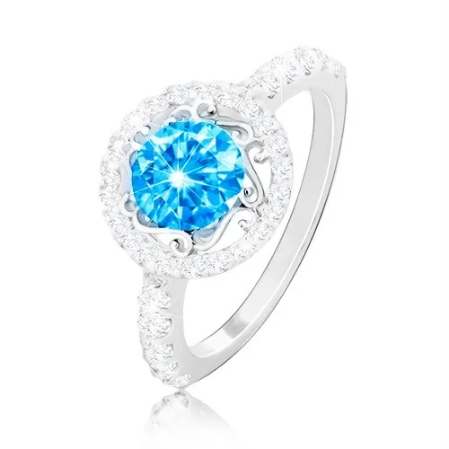 Strieborný prsteň 925 - zirkón akvamarínovej farby, ornamenty, číre zirkóniky - Veľkosť: 49 mm