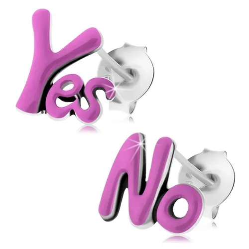 Patinované náušnice zo striebra 925, anglické nápisy Yes a No, fialová glazúra