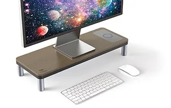 Podstavec pod monitor, dockovací stanice a bezdrátová nabíječka, prostor pro klávesnici, šedý + tmavý dřevodekor, ocel-plast, 20 k