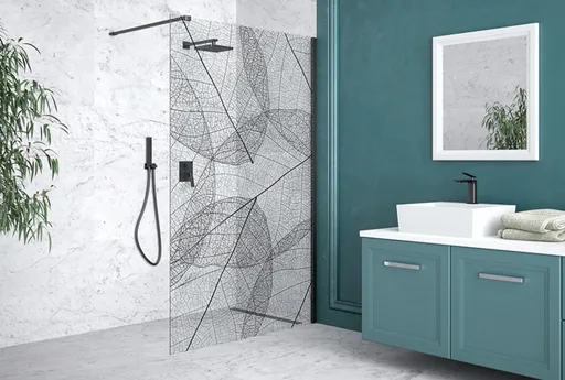 BESCO - Walk-in sprchovací kút Leaf - Farba rámu zásteny - Hliník čierny, Rozmer A - 120, Rozmer C - 200, Smer zatváranie - Univerzálny Ľavé / Pravé, Výplň - Maľované bezpečnostné sklo - 8 mm BCLEAFY120