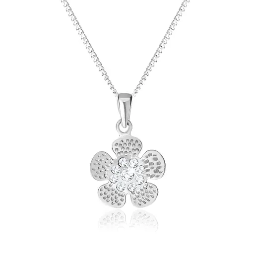 Strieborný 925 náhrdelník, gravírovaný kvietok, stred vykladaný čírymi zirkónikmi