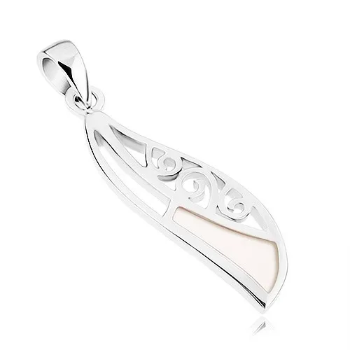 Strieborný prívesok 925, nepravidelný ovál s perleťou, výrezmi a špirálami