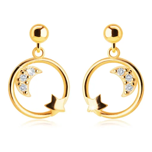 Náušnice v 9K žltom zlate - mesiačik so zirkónmi a hviezdička v kruhu