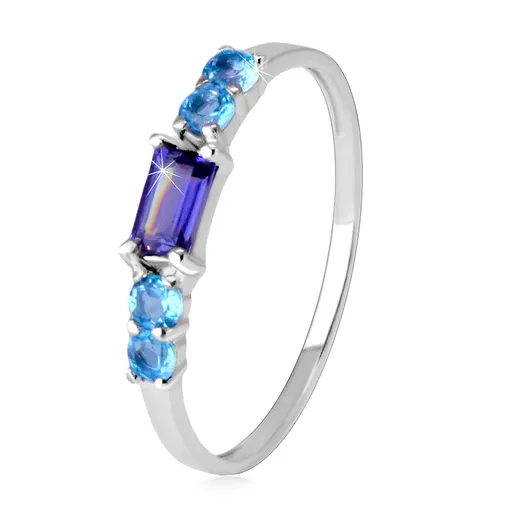 Prsteň zo 14K bieleho zlata - hranatý iolit, okrúhle švajčiarske topásy - Veľkosť: 55 mm