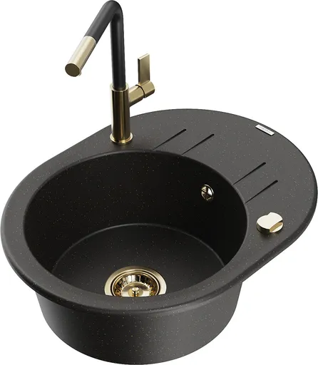 MEXEN/S MEXEN/S - Kevin granitový drez 1-miska s odkvapkávačom vrátane batérie Flora, čierna/zlatá metalik 6517-75-670401-57-G