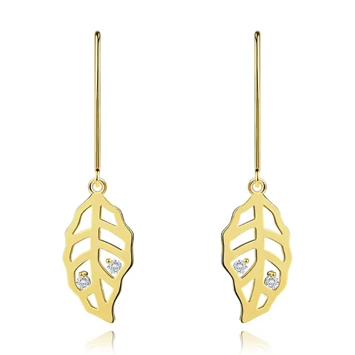 Briliantové zlaté náušnice 585 - listy zdobené výrezmi a čírymi diamantmi