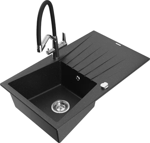 MEXEN/S MEXEN/S - Cesar granitový drez s odkvapkávačom vrátane batérie Duo, čierna/strieborná metalík 6514-73-671701-07