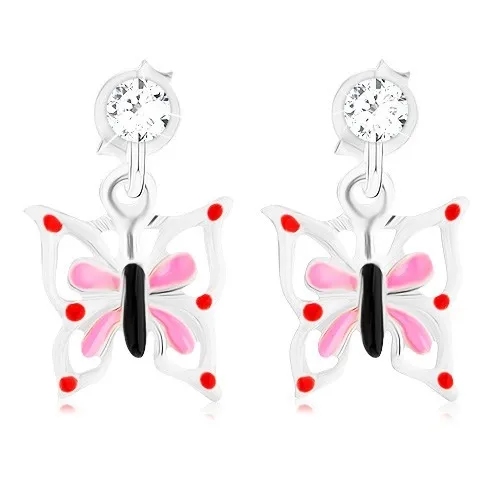 Strieborné 925 náušnice, glazúrovaný motýľ s bielo-ružovými krídlami, krištáľ